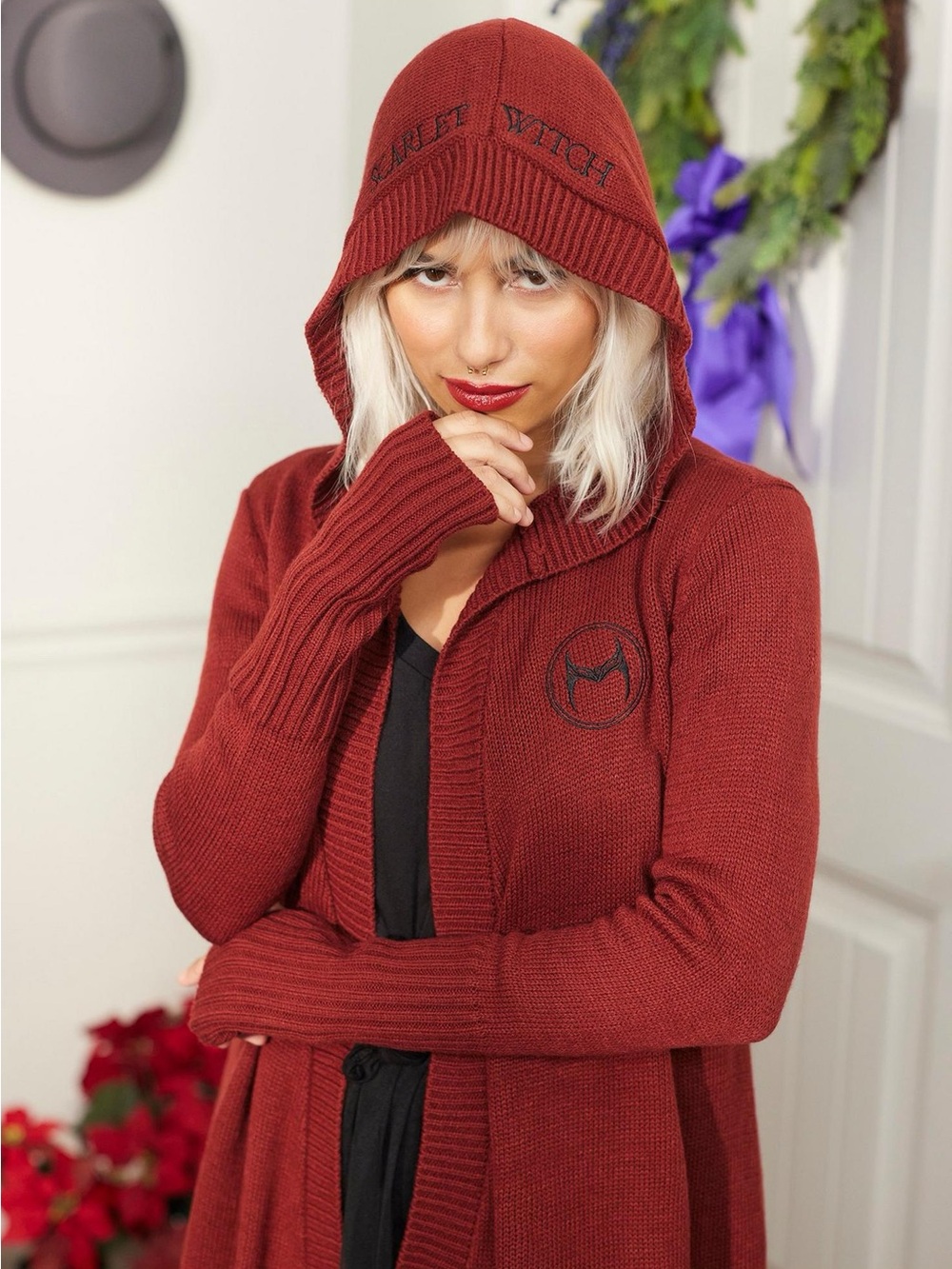 Marvel Wanda Vision Scarlet Witch Women's Hooded Cardigan Sweater in Deep Red XS